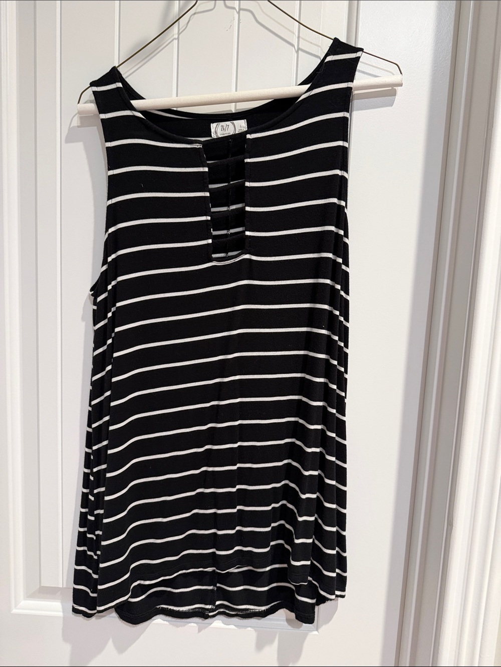 Striped Black & White Ladder-Front Sleeveless Tank